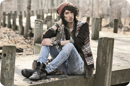 Live to tell the tale. , Bobby Raffin, Bones bracelet, Weeken, Leather bracelet, H&M, Vintage cardigan, Weeken, Suede fringe vest, Weeken, Light washed jeans, H&M, Combat boots, Weeken, Zig zag bracelet, Weeken, Skulls bracelet, Weeken, Dream catcher dracelet, Weeken, Army green oversized dress shirt, H&M, Orange beanie, Weeken, multicoloured book bag, Weeken, Bobby Raffin, Canada