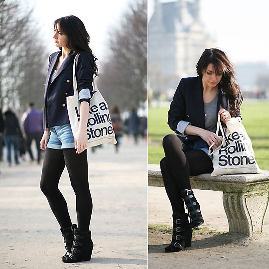 Mick, Keith and I , Estelleblogmode, Blazer Zara,, Zara, Short H&M, H&M, Sac toile Original Music Shirt, Weeken, Estelleblogmode, France