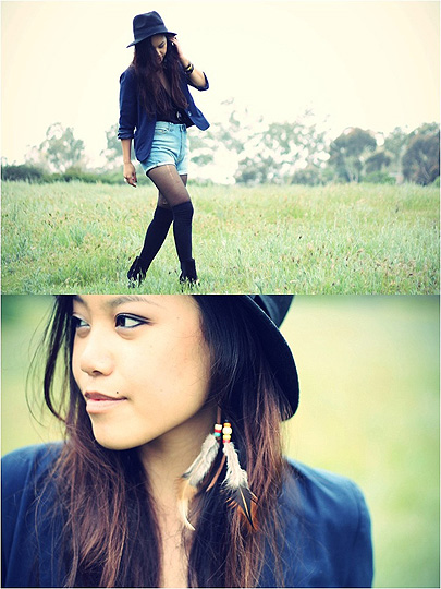 The flowers and the fields  - Denim shorts, Zara, Feathered earrings, Weeken, Blazer, Forever21, Arizka Sehoko, United States