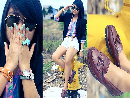 Summer Turquoise  - Colorful plaid, H&M, Double layered bracelet, Weeken, Blue and pink watches, Weeken, Bow ring, Forever21, Vaitors, Weeken, Vaga Bond Loafers, Weeken, Lai Serrano, Philippines