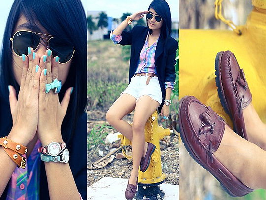 Summer Turquoise  - Colorful plaid, H&M, Double layered bracelet, Weeken, Blue and pink watches, Weeken, Bow ring, Forever21, Vaitors, Weeken, Vaga Bond Loafers, Weeken, Lai Serrano