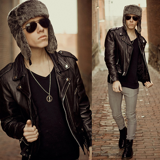 We could've had it all.  - Fur trapper hat, Forever21, Leather biker jacket, Weeken, Black long sleeve v-neck, H&M, Gray super slim jeans, ASOS, Dr. Marten boots, Weeken, Aviators, Weeken, Blake Jacobsen