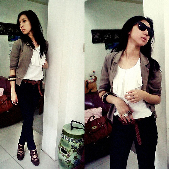 CAN'T TAKE IT NO MORE  - White ruffles top, Weeken, Olive semi blazer, H&M, Bangles, Forever21, Strap heels, Weeken,  glasses, Weeken, Rehana Silver, Indonesia