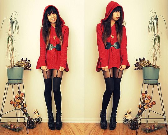 Miss little red riding hood  - Red Swing Hooded Sweater, Weeken, Golden Flower Necklace, Weeken, Kimchi Blue Scallop Belt, Weeken, Heart Suspender Tights, ASOS, Studded Heels, Forever21, Melanie P, United States