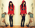 Miss little red riding hood  - Red Swing Hooded Sweater, Weeken, Golden Flower Necklace, Weeken, Kimchi Blue Scallop Belt, Weeken, Heart Suspender Tights, ASOS, Studded Heels, Forever21, Melanie P, United States