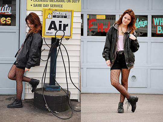Take Me Anywhere  - Dad's old jacket, Marchesa, Hoodie, Weeken,  tights, H&M, Mom's old boots, Weeken, Shorts, H&M, Deanne M, Canada
