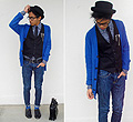 I h♥pe she wears red for our date! , Pin with FF7 Chains, Weeken, Skinny denim jeans, Weeken, Black thin tie, Weeken, Blue socks, H&M, Leather Briefcase , Weeken, Checked Blue Shirt, Weeken,  Vest, Weeken, Blue Cardigan, H&M, Blue Cardigan, H&M, Black shoes, Weeken, Bowler Hat, Weeken, Jerome Centeno, Estonia