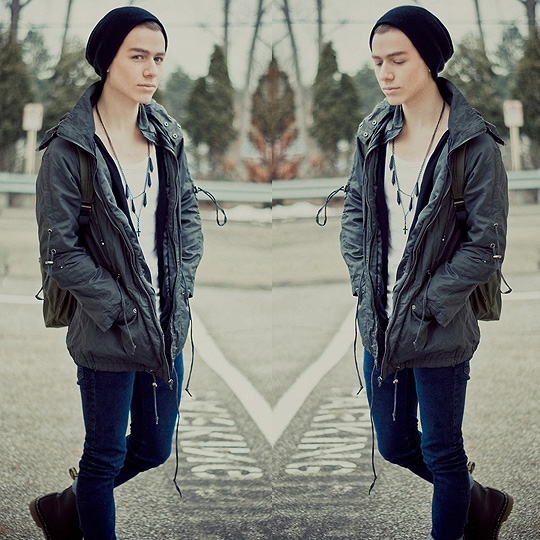 Out of the blue uninvited. , Blake Jacobsen, Rosary necklace, ASOS, Black slouch beanie, Weeken, Parka, Forever21, White tank top, H&M, Black cardigan, H&M, Dark denim skinny jeans, Weeken, Dr. marten boots, Weeken, Military bag, American Eagle, Blake Jacobsen, United States