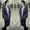 Out of the blue uninvited. , Rosary necklace, ASOS, Black slouch beanie, Weeken, Parka, Forever21, White tank top, H&M, Black cardigan, H&M, Dark denim skinny jeans, Weeken, Dr. marten boots, Weeken, Military bag, American Eagle, Blake Jacobsen, United States