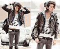Teenage Crime , Fifty Five T-shirt, Weeken, Denim hood, Weeken, Biker jacket, H&M, Studded belt, H&M, Acid wash jeans, Weeken, Black leather rucksack, Weeken, Leather circle stud bracelet, Weeken, Piano bracelet, Weeken, Grey beanie, Weeken, Bobby Raffin, Canada