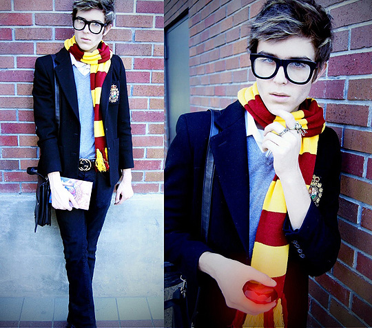 The Sorcerers Stone  - Wide framed glasses, Weeken, Gryffindor scarf, Weeken, Crest blazer, Ralph Lauren, Deer/ owl rings, H&M, Adam Gallagher, Canada