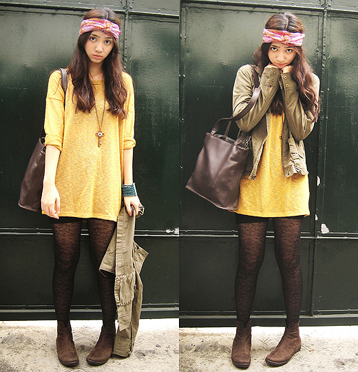 No Spring Where I Come From, So Let's Wear it Instead  - Patterned tights, Forever21, Vintage scarf, Weeken, Oversized sweater, Forever21, Ankle boots, Weeken, Army jacket, Old Navy, Aileen Belmonte, Malaysia