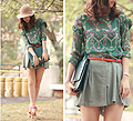 3 shades of green, diamond print & tangerine , Chiffon diamond print blouse, Weeken, Shorts, Weeken, Tangerine belt, Zara, Teal bag, Weeken, Nude hat, Weeken, Chunky mary jane, Weeken, Mayo Wo, Hong Kong