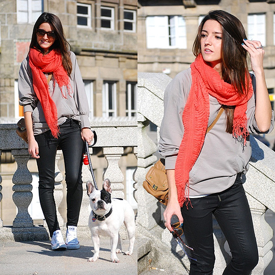 Fluor for a sunny day , Alexandra Per,  foulard, H&M, Leather pants, Weeken, Sweater, Weeken, Bag, Zara, Alexandra Per, Spain