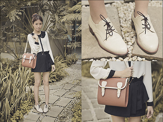 Shoes and Bag, amaazing. - High-waisted pleated shorts with ribbon, Weeken, Peter pan collar sheer top, Weeken, Tricia Gosingtian, Philippines