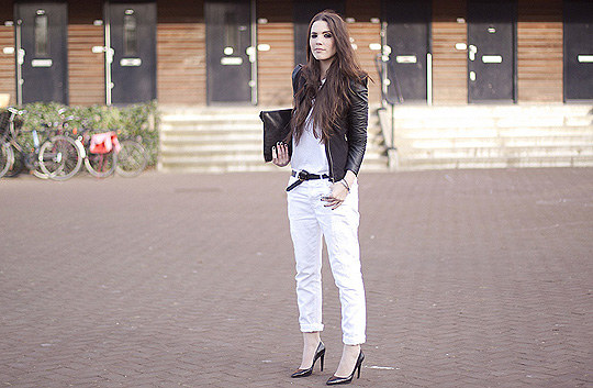 Black&white  - White jeans, Weeken, Leather jacket, Vero Moda, Pointed toe heels, Zara, Candy, Netherlands
