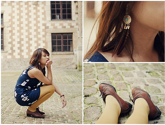 Le collant moutarde, oui oui!  - Feather earrings, H&M, Vintage shoes, Weeken, Helene Trinh, France