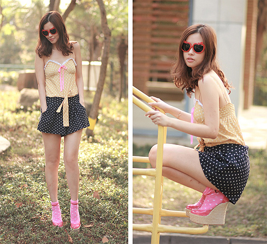 Granny playing pin up gal  - Polka dots romper, Weeken, Apple shades, H&M, Polka dots socks, H&M, Hot pink wedges , Weeken, Mayo Wo, Hong Kong