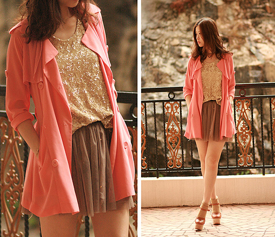 Sunset  - Coral chiffon trench, Weeken, Chunky mary jane, Weeken, Golden sequin vest, Weeken, Mayo Wo, Hong Kong