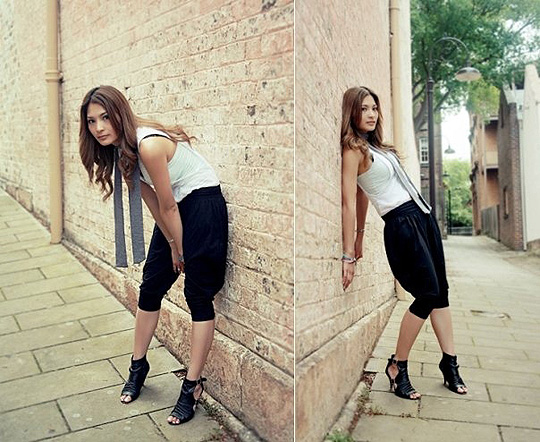 Harlem and Texture  - Baby Blue Corset Singlet, Weeken, Black 3/4 Harlem Pants, Weeken, Black Mollini Shoes, Weeken, White Striped Sleeveless Button Up Shirt, Weeken, Black and White Striped Scarf, Weeken, Camille Sioco, Australia