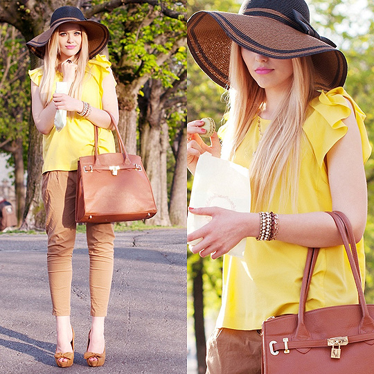 Capeline and Macarons, Kristina Bazan, Bag, Weeken, Hat, Weeken, Golden yellow shirt, Weeken, Kristina Bazan, Switzerland