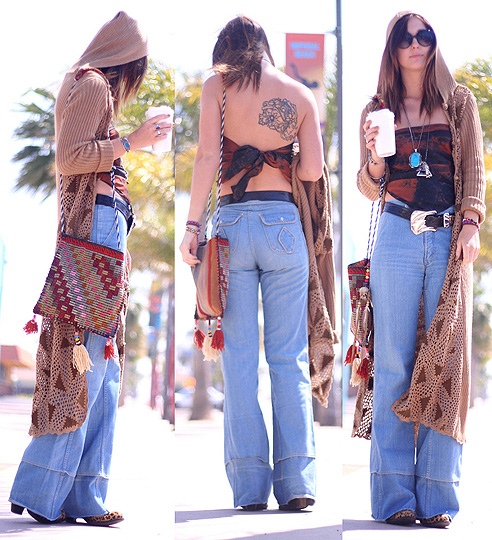 IMPERIAL BEACH / disarming darling , BRIT N, Triangle hooded cardigan, Weeken, High waist bell bottoms, Weeken, BAG, Weeken, Silk scarf worn as top, Weeken, Belt, Weeken, Cheetah nation ankle boots, Weeken, BRIT N, United States