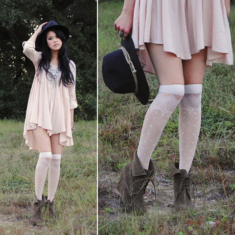 Sweet Disposition.  -  h&m billowy frock, H&M, Chain statement necklace, Weeken, Random hat, Weeken, Hue knee high socks, Weeken, Zara wedge ankle boots, Zara, Trang Huyen, United States