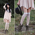 Sweet Disposition. ,  h&m billowy frock, H&M, Chain statement necklace, Weeken, Random hat, Weeken, Hue knee high socks, Weeken, Zara wedge ankle boots, Zara, Trang Huyen, United States