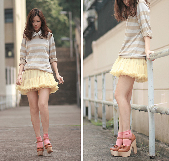 Salmon omelette , Mayo Wo, Striped sweater, Quiksilver, Tutu, Weeken, Salmon socks, Weeken, Chunky mary jane, Weeken, Mayo Wo, Hong Kong