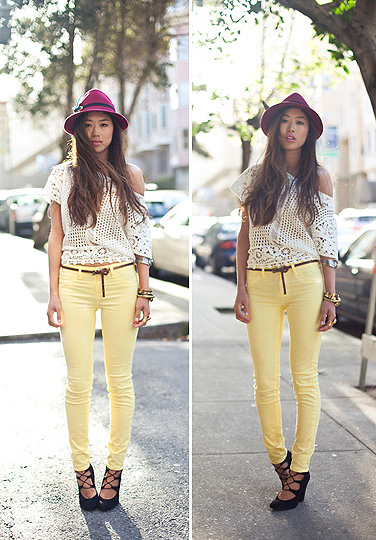 Miles of Sunshine , Aimee Song, Hat, Weeken, Blouses, H&M, Skinnies, J Brand , Weeken, Heels/wedges, Weeken, Aimee Song, United States