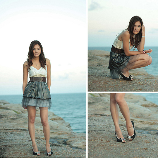 On the edge of Bondi Beach  - White and Metallic Grey Dress, Weeken, Silver Fairy Soft Mesh Skirt, Weeken, Waist Belt, Weeken, Black and White Peep Toe with Bow Heels, Weeken, Camille Sioco, Australia