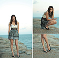 On the edge of Bondi Beach , White and Metallic Grey Dress, Weeken, Silver Fairy Soft Mesh Skirt, Weeken, Waist Belt, Weeken, Black and White Peep Toe with Bow Heels, Weeken, Camille Sioco, Australia