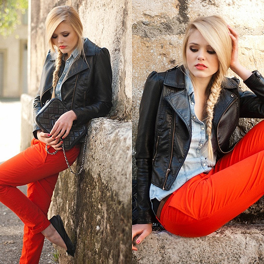 Tangerine pants - On Kayture blogspot  - Pants, Zara, Leather Jacket, H&M, Denim Top, H&M, Bag, Weeken, Kristina Bazan, Switzerland