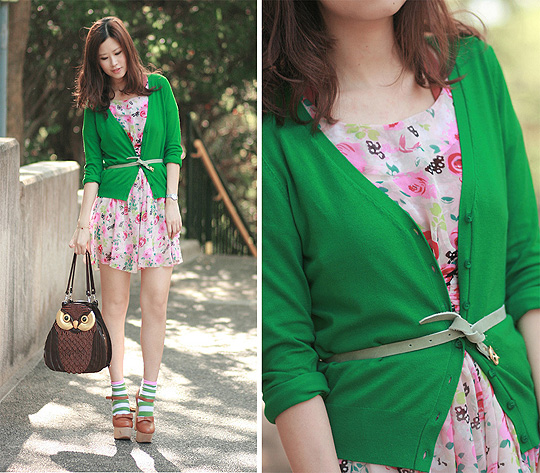 Wearing a garden , Mayo Wo, Owl bag, Weeken, Pale green belt,, H&M, Striped socks, H&M, Chunky mary jane, Weeken, Chiffon floral dress, Weeken, Mayo Wo, Hong Kong