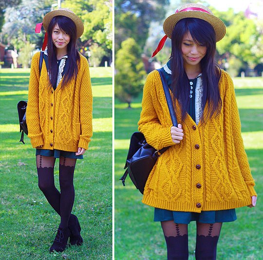 MEAN GREEN.. MUSTARD MACHINE  - Dress, Weeken, Hat, Weeken, Tights, Topshop, Wedges, ASOS, Bag, Weeken, Kani, Australia