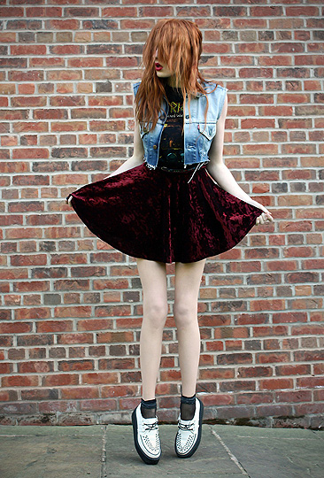 Time to go outside, find your inquisitive nature.  - Velvet skirt, Weeken, Sparkly socks, Weeken, Dip dyed jean jacket, Weeken, Olivia Harrison, United Kingdom