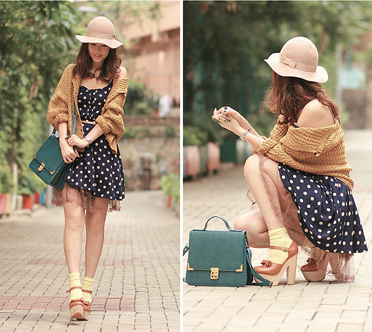 Warm weather, warm colors  - Chunky mary jane, Weeken, Nude hat, Weeken, Mustard cardigan, Weeken, Polka dots dress, Weeken, Skrit, Weeken, Teal bag, Weeken, Yellow socks, H&M, Mayo Wo, Hong Kong