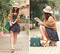 Warm weather, warm colors , Chunky mary jane, Weeken, Nude hat, Weeken, Mustard cardigan, Weeken, Polka dots dress, Weeken, Skrit, Weeken, Teal bag, Weeken, Yellow socks, H&M, Mayo Wo, Hong Kong