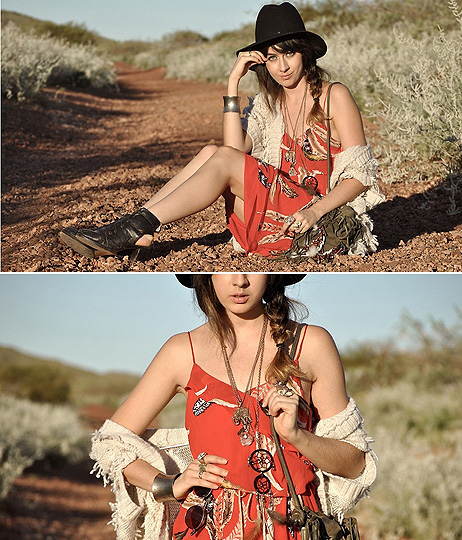 As sure as the sun , Autilia Antonucci, Necklaces, Weeken,  glasses, Weeken, Fedora, Weeken, Shrug, Weeken, Red feather dress, Weeken, Cut out boots, Weeken, Bag, Weeken, Dreamcatcher, Weeken, Autilia Antonucci, Australia