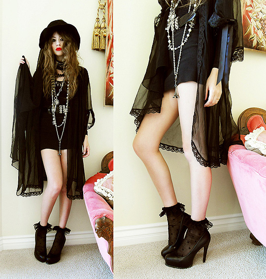 SHE IS THE NEW THING , Bebe Zeva, Veiled hat,, Weeken, Nighty shawl, Weeken,  Lace socks,, Weeken, Black pumps , Weeken, Bebe Zeva, United States