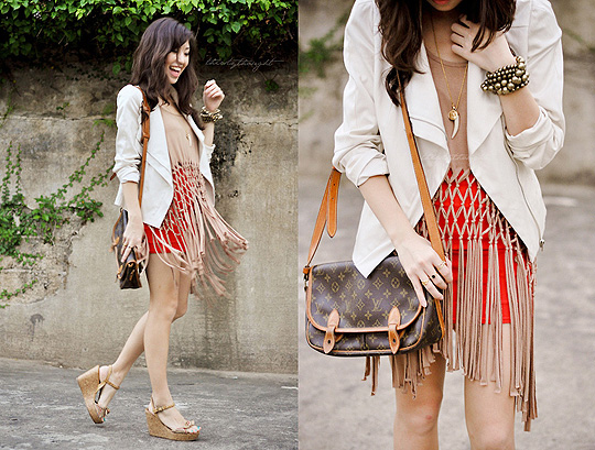 Let there be fringe!  - White Motorcycle Jacket, Forever21, Beige Macrame Top, Weeken, Red Bodycon skirt, Weeken, Messenger Bag, Louis Vuitton, Crochet Wedges, Weeken, Kryz Uy, Philippines