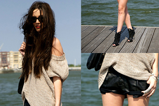 Shorts&knits  - Peep toe ankle boots, Topshop, Leather look shorts, Zara, Knitted sweater, H&M, Candy, Netherlands