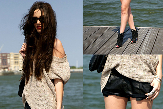 Shorts&knits  - Peep toe ankle boots, Topshop, Leather look shorts, Zara, Knitted sweater, H&M, Candy