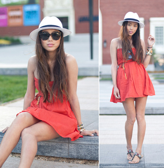 It's Warm Enough for a Strapless Dress  - Orange Dress, Zara, Panama Hat, Weeken, Aimee Song, United States