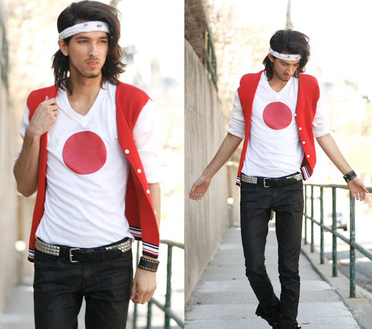 Here for Japan!  - Japan Shirt, Weeken, Thrifted cardigan, Weeken, Leather pants, H&M, Circle studded bracelet, Zara, Studded belt, H&M, Bobby Raffin, Canada