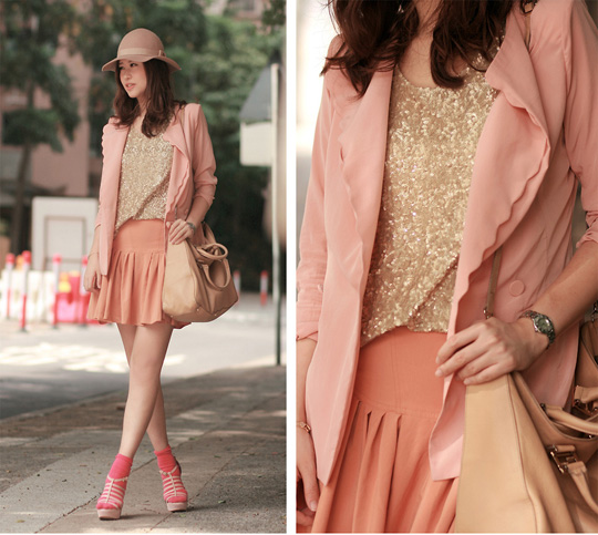 Carnations , Mayo Wo, Scalloped blazer, Weeken, Sequined vest, Weeken, Hot pink socks, H&M, Nude hat, Weeken, Wedges, Weeken, Mayo Wo, Hong Kong