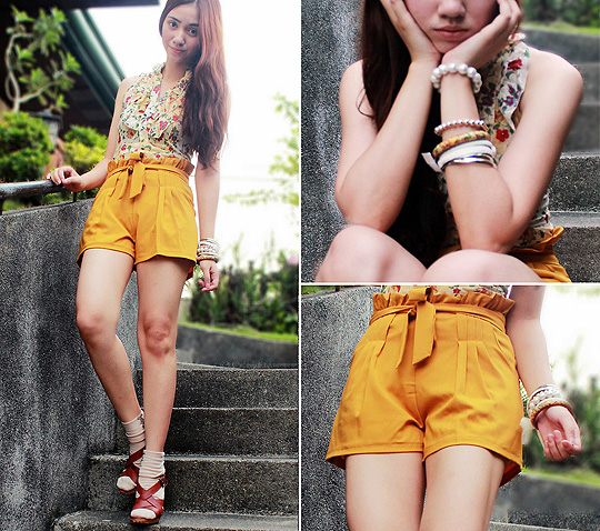 Yellow Days - Paperbag shorts, Landmark, Floral blouse, Weeken, Strappy heels, Weeken, Aileen Belmonte