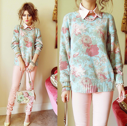 FLOWER POWER - Detachable collar, Weeken, Mint and rose sweater, Ralph Lauren, PINK PANTS, Joe, Pastel flower bag, Valentino, Cream pumps, Ralph Lauren, Bebe Zeva, United States