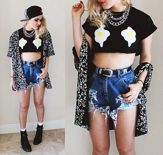 SUNNY SIDE UP - FRIED EGG TITS CROP, Weeken, DESTROYED & STUDDED CUTOFFS, Weeken, SPOTTED CARDIGAN, Weeken, SILVER STUDDED SNAPBACK, Weeken, LACE-UP BOOTS, Weeken, Bebe Zeva, United States