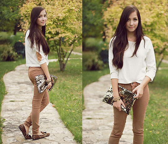 Peasant Song - Sequin bag, Weeken, Leopard loafers, Weeken, Brown jeggings, Weeken, Patch sweater, Forever21, Breanne S